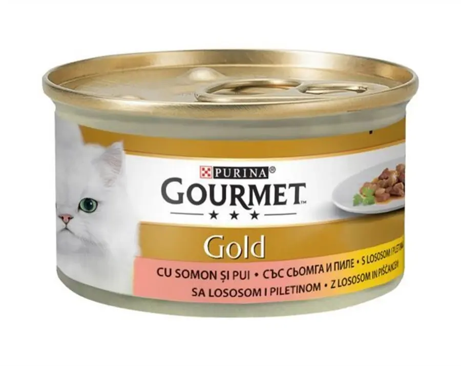 Gourmet Gold Parça Etli Soslu Somonlu ve Tavuklu Kedi Konservesi 85 gr
