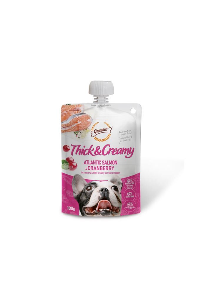 GNAWLERS THICK CREAMY DOG ATLANTIC SALMON CRANBERRY 100G