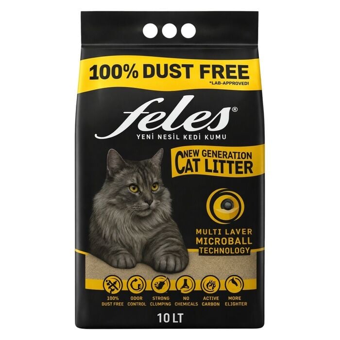 Feles %100 Tozsuz Aktif Karbonlu Topaklanan Kedi Kumu 10 Lt