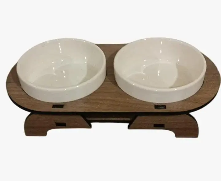 SERAMİK MAMA KABI AHŞAP OVAL İKİLİ