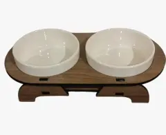 SERAMİK MAMA KABI AHŞAP OVAL İKİLİ